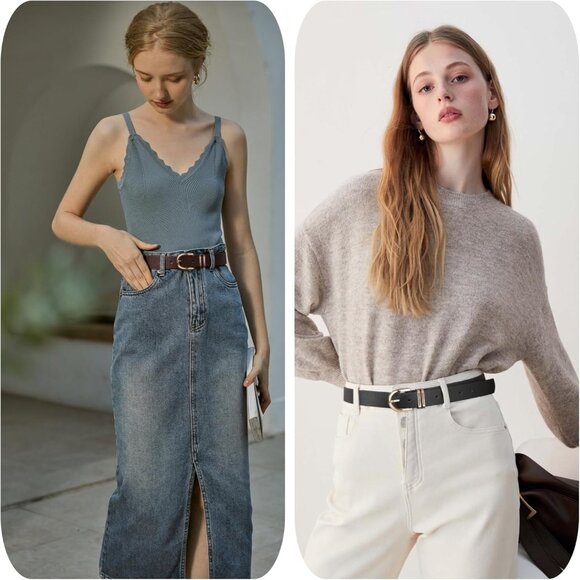 Pack 3 Women's Belts for Jeans Pants Gold Buckle Leather Belts Coffee Brown - Picture 4 of 5